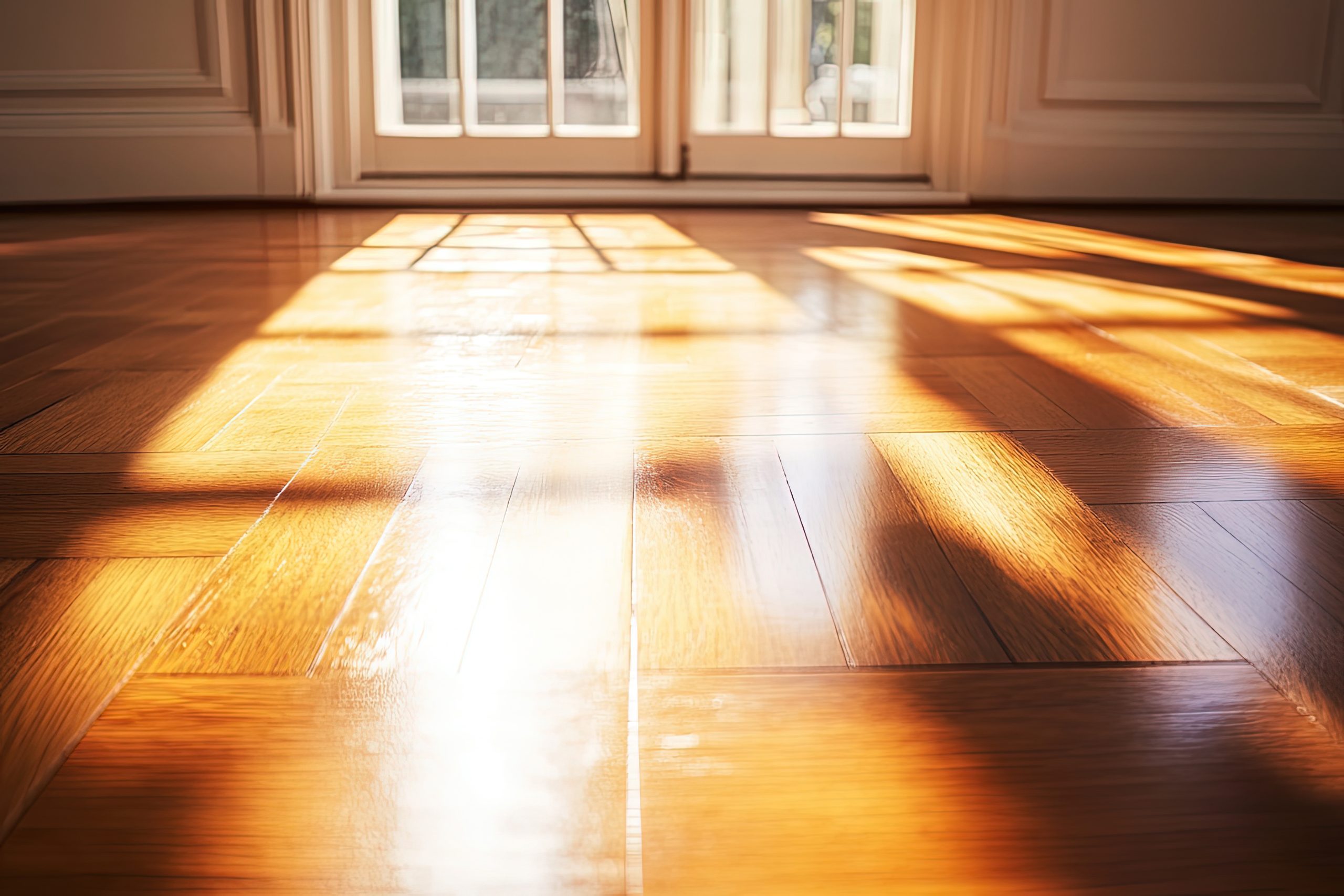 warm sunlight casts angular window pane shadows across polished hardwood flooring near a bright doorway free photo
